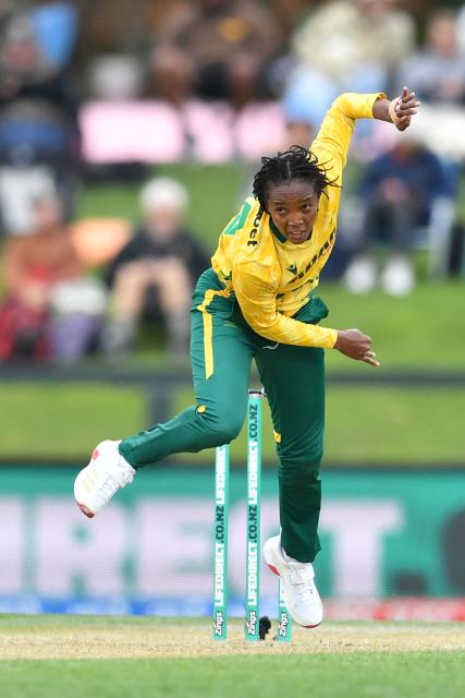 South Africa's Ayabonga Khaka bowls during the fifth Twenty20 international women's cricket match between New Zealand and South Africa at Hagley Oval in Christchurch on March 25, 2026. (Photo by Sanka Vidanagama / AFP)