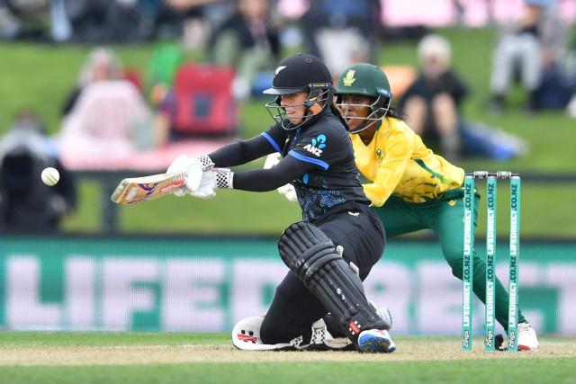 New Zealand's Amelia Kerr plays a shot during the fifth Twenty20 international women's cricket match between New Zealand and South Africa at Hagley Oval in Christchurch on March 25, 2026. (Photo by Sanka Vidanagama / AFP)