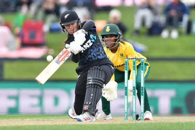 New Zealand's Amelia Kerr plays a shot during the fifth Twenty20 international women's cricket match between New Zealand and South Africa at Hagley Oval in Christchurch on March 25, 2026. (Photo by Sanka Vidanagama / AFP)