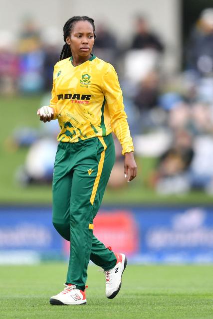 South Africa's Tumi Sekhukhune prepares to bowl during the fifth Twenty20 international women's cricket match between New Zealand and South Africa at Hagley Oval in Christchurch on March 25, 2026. (Photo by Sanka Vidanagama / AFP)