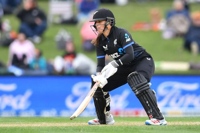 New Zealand's Amelia Kerr bats during the fifth Twenty20 international women's cricket match between New Zealand and South Africa at Hagley Oval in Christchurch on March 25, 2026. (Photo by Sanka Vidanagama / AFP)