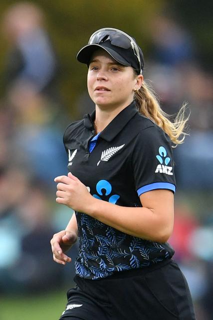 New Zealand's Jess Kerr looks on during the fifth Twenty20 international women's cricket match between New Zealand and South Africa at Hagley Oval in Christchurch on March 25, 2026. (Photo by Sanka Vidanagama / AFP)