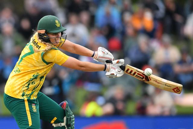 South Africa's Annerie Dercksen plays a shot during the fifth Twenty20 international women's cricket match between New Zealand and South Africa at Hagley Oval in Christchurch on March 25, 2026. (Photo by Sanka Vidanagama / AFP)