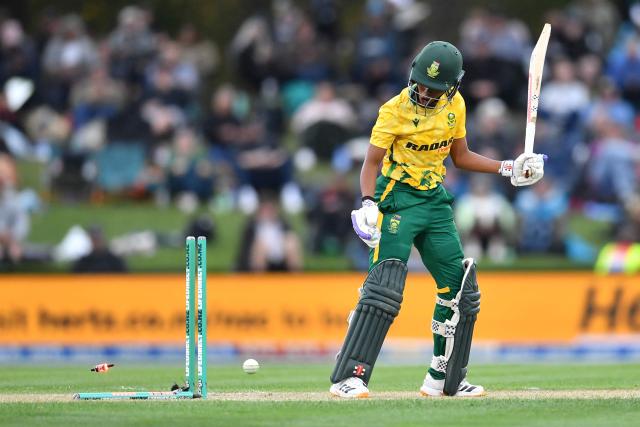 South Africa's Karabo Meso is bowled during the fifth Twenty20 international women's cricket match between New Zealand and South Africa at Hagley Oval in Christchurch on March 25, 2026. (Photo by Sanka Vidanagama / AFP)