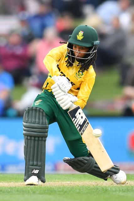 South Africa's Tumi Sekhukhune plays a shot during the fifth Twenty20 international women's cricket match between New Zealand and South Africa at Hagley Oval in Christchurch on March 25, 2026. (Photo by Sanka Vidanagama / AFP)