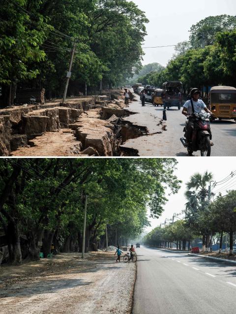 (COMBO) This combination of pictures created on March 24, 2026 shows motorists commuting past a large crack in the ground along Myo Patt Road linking Mandalay and Sagaing Township after a 7.7 magnitude earthquake on the outskirts of Mandalay on April 2, 2025 (top), and the same road on March 19, 2026. The magnitude 7.7 magnitude earthquake on March 28, 2025 killed more than 3,700 people as it razed buildings in Myanmar's central belt, with devastation focused on the second-most-populous city of Mandalay. (Photo by Sai Aung MAIN / AFP)
