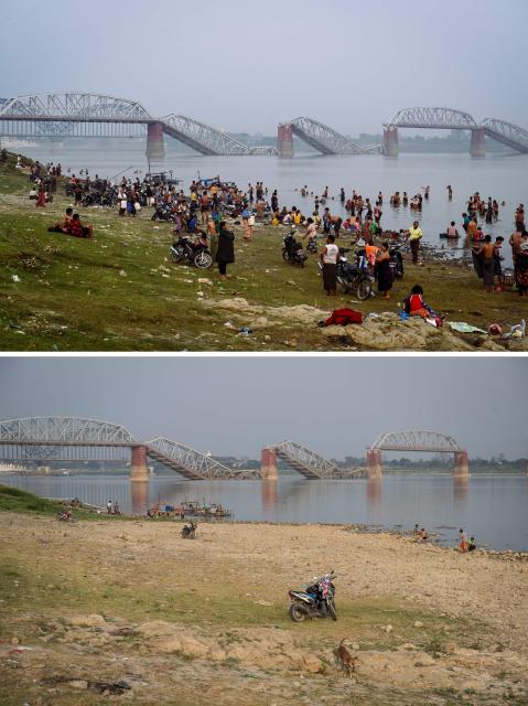 (COMBO) This combination of pictures created on March 24, 2026 show people bathing in the Irrawaddy River in front of the collapsed Ava Bridge, also know as the Iowa Bridge, after a 7.7 magnitude earthquake in Sagaing on April 2, 2025 (top), and the Irrawaddy River in front of the collapsed Ava Bridge on March 19, 2026. The magnitude 7.7 magnitude earthquake on March 28, 2025 killed more than 3,700 people as it razed buildings in Myanmar's central belt, with devastation focused on the second-most-populous city of Mandalay. (Photo by Sai Aung MAIN / AFP)