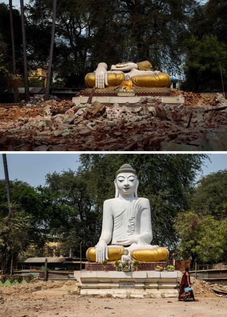 (COMBO) This combination of pictures created on March 24, 2026 shows a destroyed Buddha statue after a 7.7 magnitude earthquake in Mandalay on April 12, 2025 (top), and a Buddhist monk walking past the rebuilt statue on March 19, 2026. The magnitude 7.7 magnitude earthquake on March 28, 2025 killed more than 3,700 people as it razed buildings in Myanmar's central belt, with devastation focused on the second-most-populous city of Mandalay. (Photo by Sai Aung MAIN / AFP)
