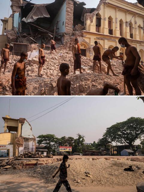 (COMBO) This combination of pictures created on March 24, 2026 shows Buddhist monks clearing debris at the damaged Thanhtay Kyaung Monastery after a 7.7 magnitude earthquake in Mandalay on April 1, 2025 (top), and a girl walking past a cleared site at the Thanhtay Kyaung Monastery on March 19, 2026. The magnitude 7.7 magnitude earthquake on March 28, 2025 killed more than 3,700 people as it razed buildings in Myanmar's central belt, with devastation focused on the second-most-populous city of Mandalay. (Photo by Sai Aung MAIN / AFP)