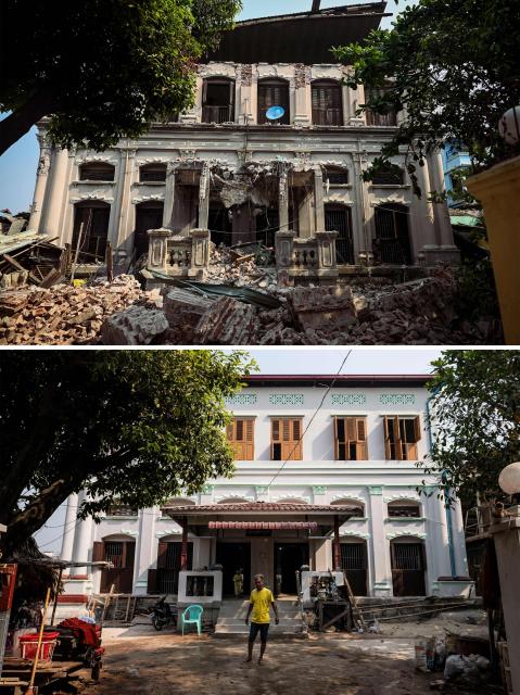 (COMBO) This combination of pictures created on March 24, 2026 shows the damaged Shwe Yay Saung Tail Monastery after a 7.7 magnitude earthquake in Mandalay in April 1, 2025 (top), and the Shwe Yay Saung Tail Monastery on March 19, 2026. The magnitude 7.7 magnitude earthquake on March 28, 2025 killed more than 3,700 people as it razed buildings in Myanmar's central belt, with devastation focused on the second-most-populous city of Mandalay. (Photo by Sai Aung MAIN / AFP)