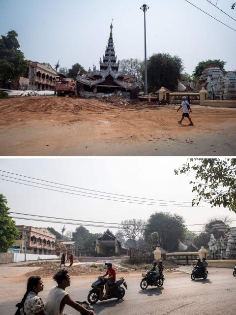 (COMBO) This combination of pictures created on March 24, 2026 shows a man walking past a damaged pagoda after a 7.7 magnitude earthquake in Mandalay on April 1, 2025 (top), and people commuting past the same site on March 19, 2026. The magnitude 7.7 magnitude earthquake on March 28, 2025 killed more than 3,700 people as it razed buildings in Myanmar's central belt, with devastation focused on the second-most-populous city of Mandalay. (Photo by Sai Aung MAIN / AFP)