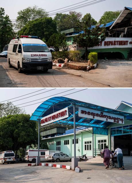 (COMBO) This combination of pictures created on March 24, 2026 shows an ambulance next to a damaged entrance area of the emergency department of a hospital after a 7.7 magnitude earthquake in Naypyidaw on March 28, 2025 (top), and the same emergency department on March 17, 2026. The magnitude 7.7 magnitude earthquake on March 28, 2025 killed more than 3,700 people as it razed buildings in Myanmar's central belt, with devastation focused on the second-most-populous city of Mandalay. (Photo by Sai Aung MAIN / AFP)