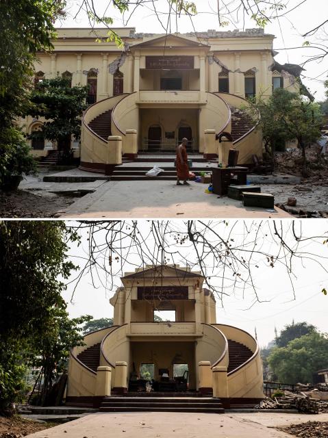 (COMBO) This combination of pictures created on March 24, 2026 shows a Buddhist monk walking outside the damaged Thahtay Kyaung Monastery after a 7.7 magnitude earthquake in Mandalay on April 12, 2025 (top), and the Thahtay Kyaung Monastery on March 19, 2026. The magnitude 7.7 magnitude earthquake on March 28, 2025 killed more than 3,700 people as it razed buildings in Myanmar's central belt, with devastation focused on the second-most-populous city of Mandalay. (Photo by Sai Aung MAIN / AFP)