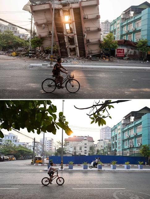 (COMBO) This combination of pictures created on March 24, 2026 shows a woman riding past a collapsed building after a 7.7 magnitude earthquake in Mandalay on April 1, 2025 (top), and people commuting along the same section of road on March 19, 2026. The magnitude 7.7 magnitude earthquake on March 28, 2025 killed more than 3,700 people as it razed buildings in Myanmar's central belt, with devastation focused on the second-most-populous city of Mandalay. (Photo by Sai Aung MAIN / AFP)