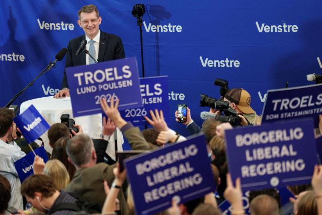 Denmark's Defence Minister and chairman of Denmark's Liberal Party Venstre Troels Lund Poulsen speaks during an election party after the exit polls in Copenhagen, on March 24, 2026, during the parliamentary election in Denmark. Denmark's Social Democrats, led by Prime Minister Mette Frederiksen, finished first in the general election but posted their weakest showing in more than 120 years and the left-wing bloc failed to secure a majority. (Photo by Liselotte Sabroe / Ritzau Scanpix / AFP) / Denmark OUT