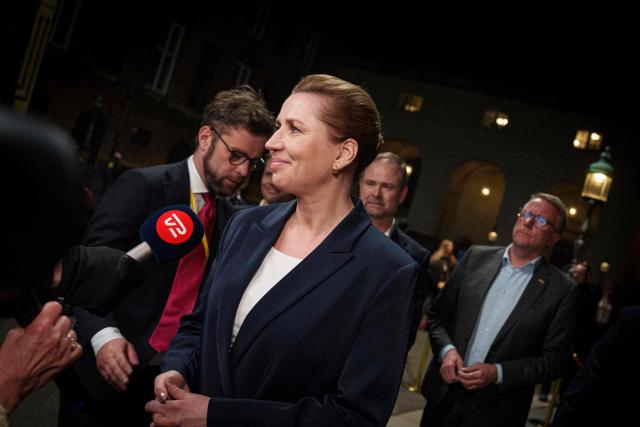 Leader of the Social Democrats, Mette Frederiksen, delivers remarks to journalists upon arrival at Christiansborg for an election party after the exit polls in Copenhagen March 24, 2026. Denmark's Social Democrats, led by Prime Minister Mette Frederiksen, finished first in the general election but posted their weakest showing in more than 120 years and the left-wing bloc failed to secure a majority. (Photo by Liselotte Sabroe / Ritzau Scanpix / AFP) / Denmark OUT