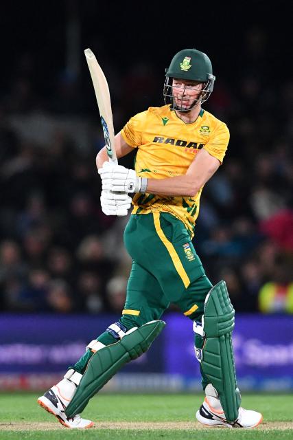 South Africa's Dian Forrester bats during the fifth Twenty20 international cricket match between New Zealand and South Africa at Hagley Oval in Christchurch on March 25, 2026. (Photo by Sanka Vidanagama / AFP)