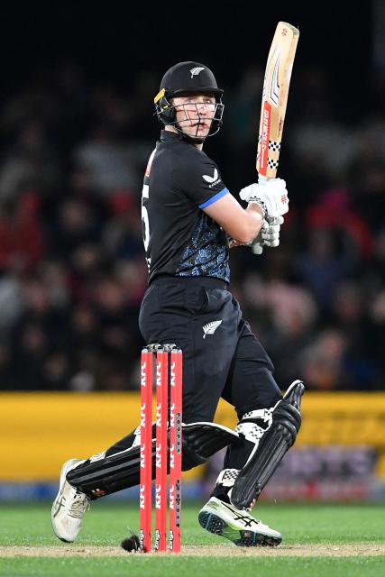 New Zealand's Dane Cleaver bats during the fifth Twenty20 international cricket match between New Zealand and South Africa at Hagley Oval in Christchurch on March 25, 2026. (Photo by Sanka Vidanagama / AFP)
