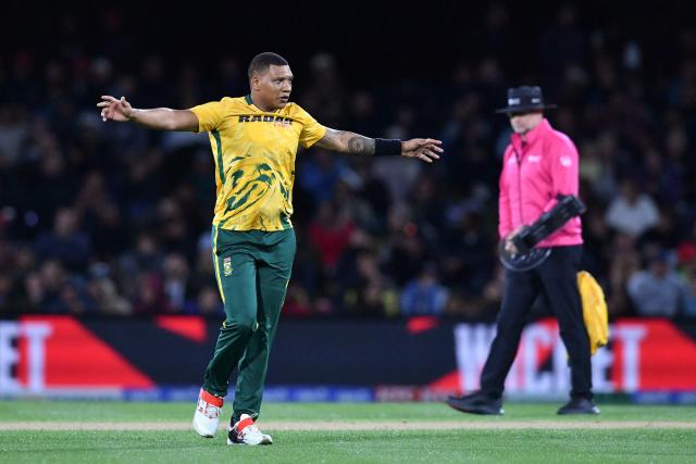 South Africa's Ottneil Baartman celebrates after taking the wicket of New Zealand's Dane Cleaver during the fifth Twenty20 international cricket match between New Zealand and South Africa at Hagley Oval in Christchurch on March 25, 2026. (Photo by Sanka Vidanagama / AFP)
