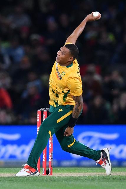 South Africa's Ottneil Baartman bowls during the fifth Twenty20 international cricket match between New Zealand and South Africa at Hagley Oval in Christchurch on March 25, 2026. (Photo by Sanka Vidanagama / AFP)