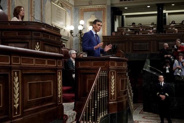 Spain's Prime minister Pedro Sanchez addresses parliament over the war in the Middle East at the congress in Madrid on March 25, 2026. Spanish Prime Minister Pedro Sanchez warned that the Middle East war presented a "far worse" scenario than the invasion of Iraq in 2003. (Photo by Thomas COEX / AFP)