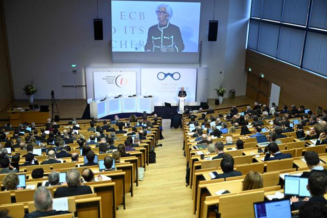 President of the European Central Bank (ECB) Christine Lagarde delivers her speech at the ECB And Its Watchers conference in Frankfurt, western Germany, on March 25, 2026. The European Central Bank has a "set of options" for dealing with the energy shock unleashed by the Middle East war, its chief Christine Lagarde said on march 25. (Photo by Kirill KUDRYAVTSEV / AFP)