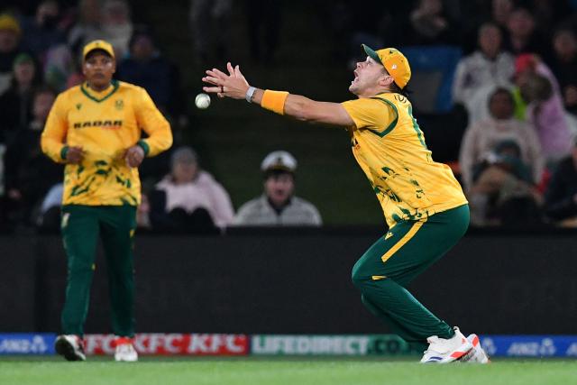 South Africa's Gerald Coetzee drops a catch during the fifth Twenty20 international cricket match between New Zealand and South Africa at Hagley Oval in Christchurch on March 25, 2026. (Photo by Sanka Vidanagama / AFP)