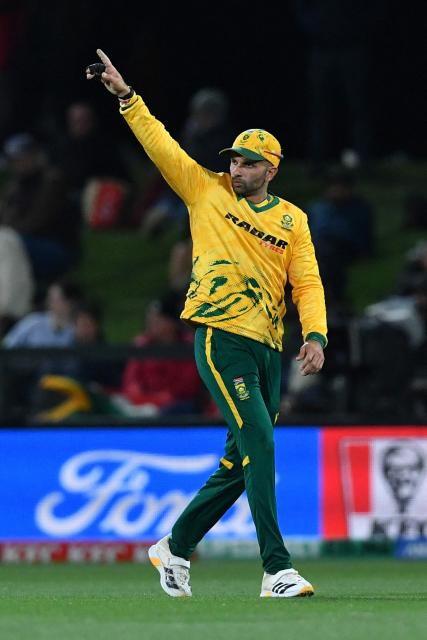 South Africa's Keshav Maharaj reacts during the fifth Twenty20 international cricket match between New Zealand and South Africa at Hagley Oval in Christchurch on March 25, 2026. (Photo by Sanka Vidanagama / AFP)