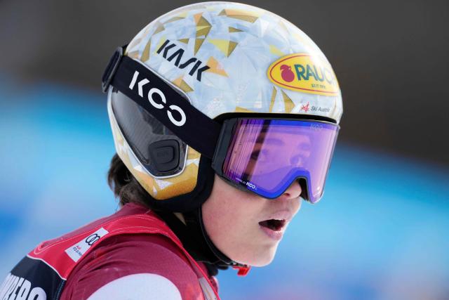 Austria's Julia Scheib reacts after competing in the second run of the women's giant slalom  at the World Cup finals in Hafjell on March 25, 2026. (Photo by Cornelius Poppe / NTB / AFP) / Norway OUT
