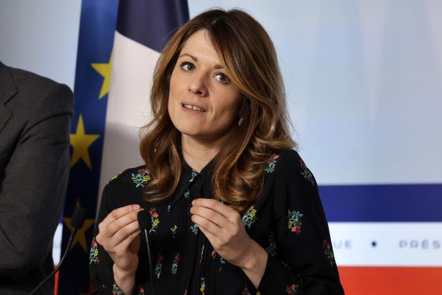 France's Government Spokesperson Maud Bregeon addresses journalists during a press conference following the weekly cabinet meeting in Paris on March 25, 2026. (Photo by Ludovic MARIN / AFP)