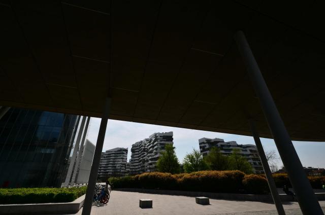 This photograph shows the Citylife Apartments Zaha Hadid Residential complex, at the CityLife Shopping District in Milan, on March 25, 2026. (Photo by Stefano RELLANDINI / AFP)