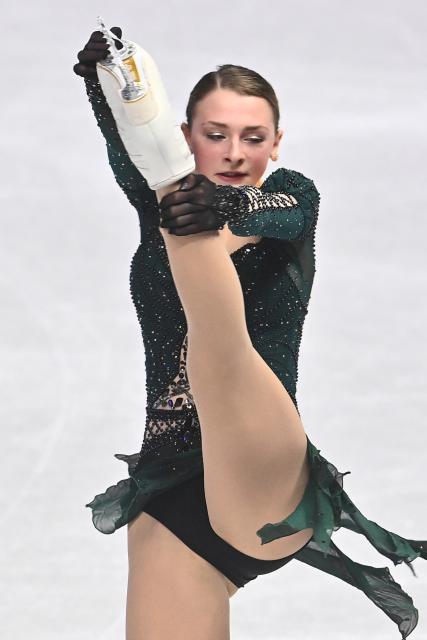 United States' Sarah Everhardt performs during the Womoen's short program during the 2026 ISU World Figure Skating Championships at 02 Arena on March 25, 2026 in Prague. (Photo by Michal Cizek / AFP)