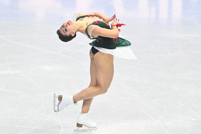 Kazakhstan's Sofia Samodelkina performs during the Women's short program during the 2026 ISU World Figure Skating Championships at 02 Arena on March 25, 2026 in Prague. (Photo by Michal Cizek / AFP)