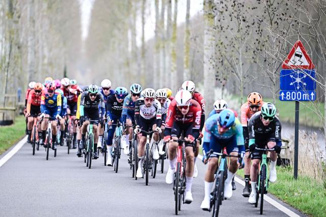 The pack rides during the 'Ronde van Brugge' men's elite one-day cycling race, 202,9 km from and to Bruges on March 25, 2026. (Photo by MAARTEN STRAETEMANS / Belga / AFP) / Belgium OUT