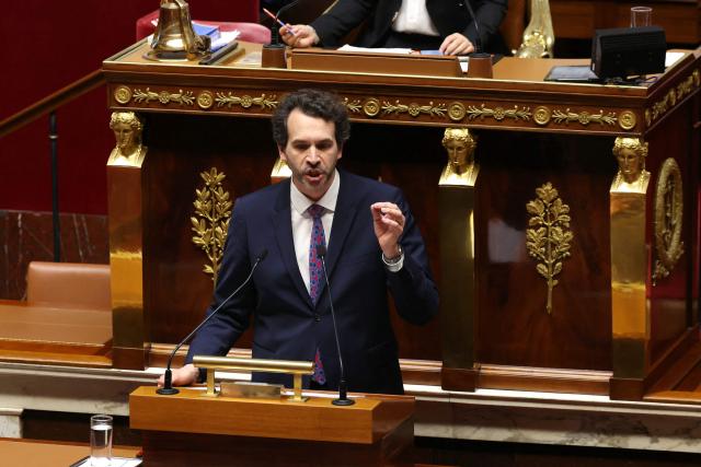 La France Insoumise - Nouveau Front Populaire's MP Bastien Lachaud delivers a speech during a debate on the situation in the Middle East at the National Assembly, lower house of the French parliament, in Paris on March 25, 2026. (Photo by Alain JOCARD / AFP)