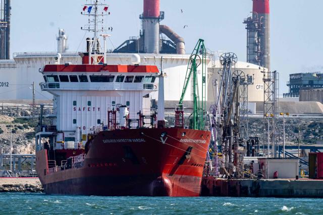 This photograph shows the Panamean-flagged oil tanker "Barbaros Hayrettin" in the Port-de-Bouc in Martigues, southern France, on March 25, 2026. (Photo by MIGUEL MEDINA / AFP)