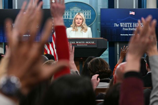 White House Press Secretary Karoline Leavitt speaks during a press briefing in the Brady Briefing Room of the White House in Washington, DC, on March 25, 2026. (Photo by Jim WATSON / AFP)
