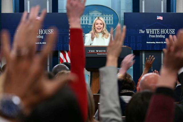 White House Press Secretary Karoline Leavitt speaks during a press briefing in the Brady Briefing Room of the White House in Washington, DC, on March 25, 2026. (Photo by Jim WATSON / AFP)