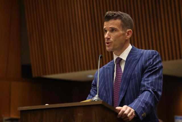 Los Angeles Deputy District Attorney Alexander Bott speaks during the arraignment for Ivanna Lisette Ortiz, accused of firing shots at the home of Barbadian singer Rihanna, at Clara Shortridge Foltz Criminal Justice Center in Los Angeles, on March 25, 2026. Ortiz, alleged to have shot up the luxury Los Angeles home of global megastar Rihanna was charged on March 10 with attempted murder. Prosecutors in the city said Ivanna Lisette Ortiz, 35, had opened fire at the sprawling estate on March 8. (Photo by Genaro Molina / POOL / AFP)