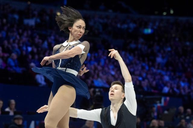 France’s Camille Kovalev and Pavel Kovalev perform during the pairs short program of the 2026 ISU Figure Skating World Championships in Prague on March 25, 2026. (Photo by Michal Cizek / AFP)