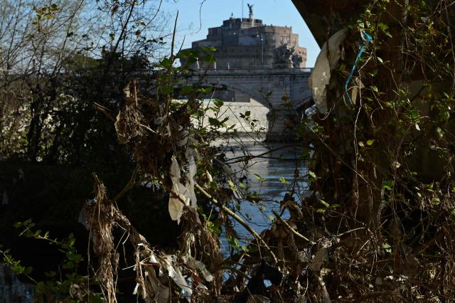 Shreds of plastic hang from tree branches along the Tiber after the winter floods causing pollution on March 25, 2026. (Photo by Marie-Laure MESSANA / AFP)