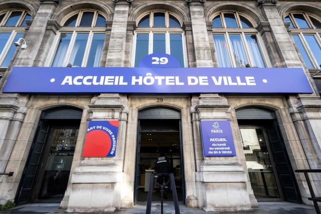 This photograph shows the entrance of the tourist reception of the Hotel de Ville (Paris city hall) in Paris on March 25, 2026. (Photo by Blanca CRUZ / AFP)