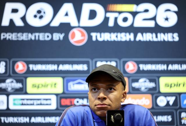 France's striker and captain Kylian Mbappe speaks during a press conference at Gillette Stadium in Foxborough, Massachusetts, on March 25, 2026, on the eve of a friendly match against Brazil. (Photo by Franck FIFE / AFP)