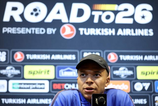 France's striker and captain Kylian Mbappe speaks during a press conference at Gillette Stadium in Foxborough, Massachusetts, on March 25, 2026, on the eve of a friendly match against Brazil. (Photo by Franck FIFE / AFP)
