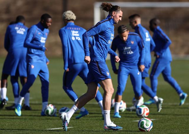 France midfielder Adrien Rabiot takes part in a training session at the New England Revolution training center in Foxborough, Massachusetts on March 25, 2026, on the eve of a friendly match against Brazil. (Photo by FRANCK FIFE / AFP)