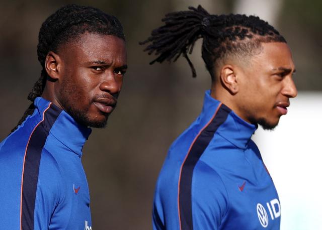 France midfielder Eduardo Camavinga (L) and midfielder Michael Olise take part in a training session at the New England Revolution training center in Foxborough, Massachusetts, on March 25, 2026, on the eve of an international friendly football match against Brazil. (Photo by FRANCK FIFE / AFP)
