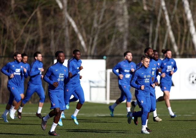 Members of the French national team take part in a training session at the New England Revolution training center in Foxborough, Massachusetts, on March 25, 2026, on the eve of an international friendly football match against Brazil. (Photo by FRANCK FIFE / AFP)