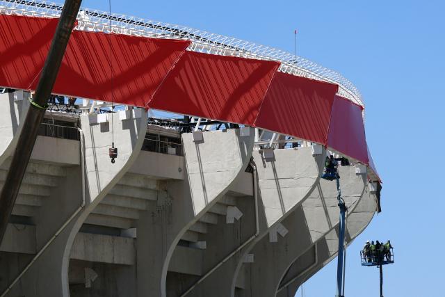 Detail of the newly renovated Banorte Stadium, formerly the Azteca Stadium, in Mexico City on March 25, 2026. (Photo by Luis CORTES / AFP)