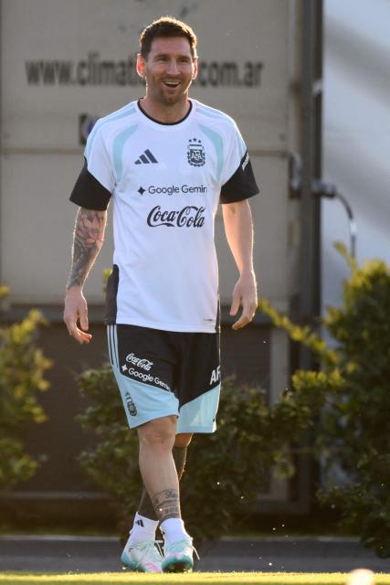 Argentina's forward Lionel Messi smiles during a training session in Ezeiza, Buenos Aires province, Argentina on March 25, 2026. Argentina will play a friendly match against Mauritania on March 27 at the La Bombonera Stadium in Buenos Aires. (Photo by Luis ROBAYO / AFP)