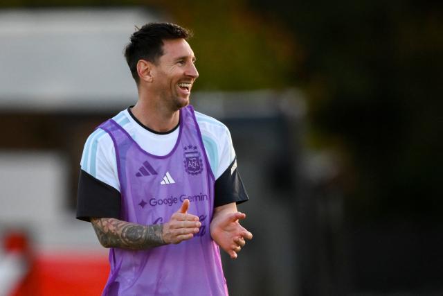 Argentina's forward Lionel Messi smiles during a training session in Ezeiza, Buenos Aires province, Argentina on March 25, 2026. Argentina will play a friendly match against Mauritania on March 27 at the La Bombonera Stadium in Buenos Aires. (Photo by Luis ROBAYO / AFP)